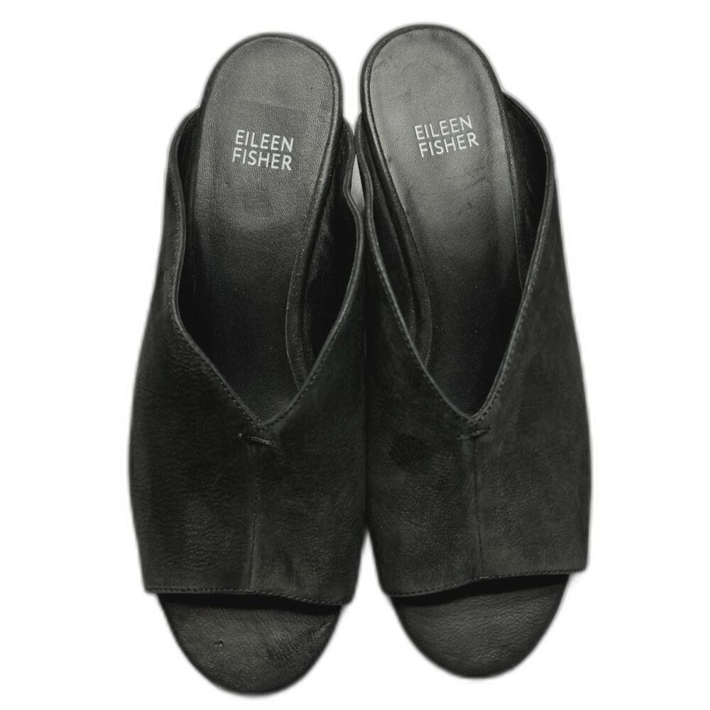 Eileen Fisher Katniss Block Heel Sandals Mule Peep Toe Size 8 Leather